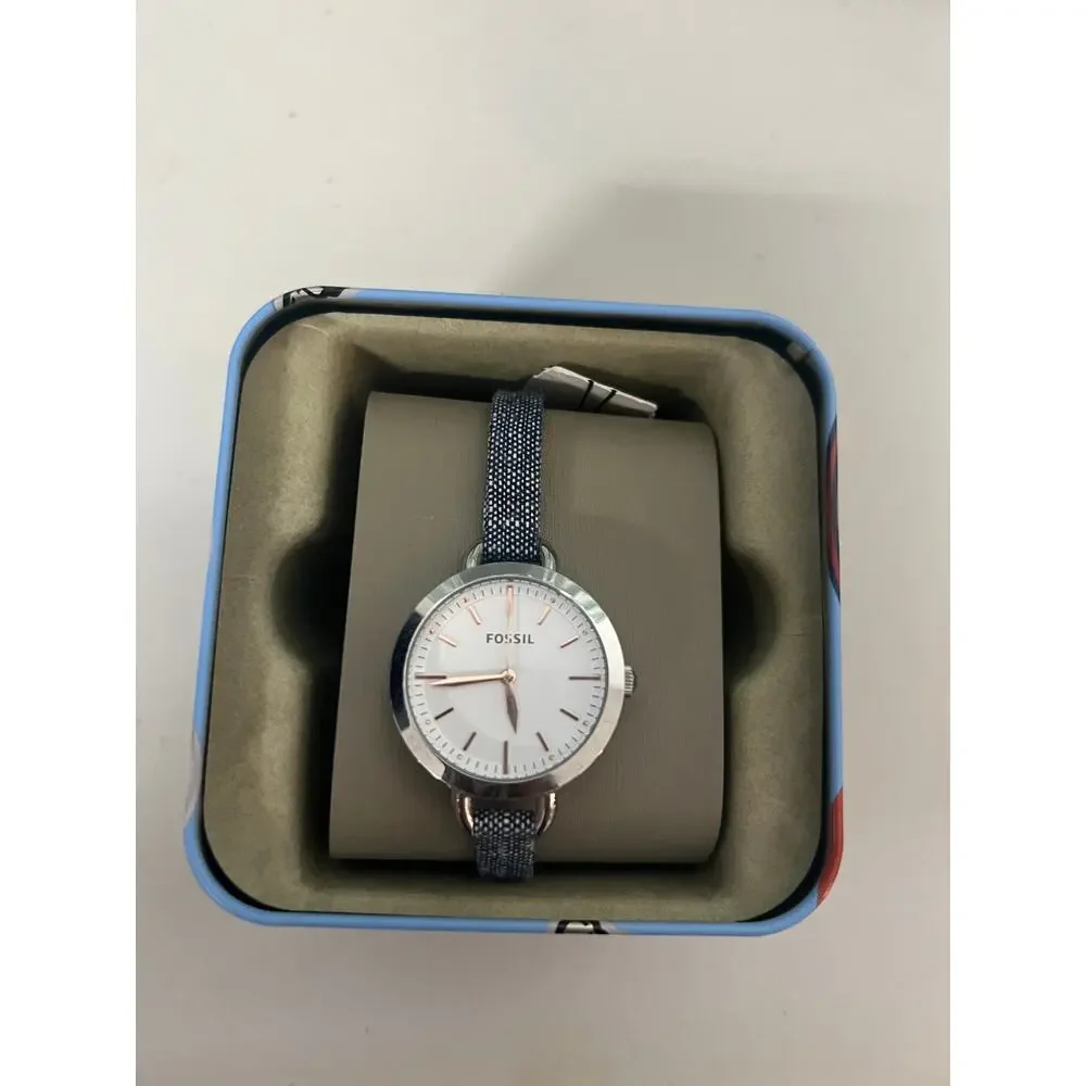 Fossil BQ3357 Rye Women 36mm Silver Steel White Dial Denim Strap Quartz Watch